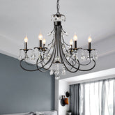 Traditional Iron Candle Chandelier Pendant - 6/8/12 Light Black Hanging Pendant Light with Crystal Drops - This traditional chandelier features a black finish and crystal drops. It has 6/8/12 lights and is voltage 220V-240V. The bulb base is E12/E14 and the